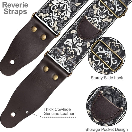 Vintage Embroidered Cotton Guitar Strap with Cowhide Leather Ends