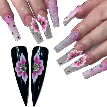 Black 3D Flower Nail Charms with Rhinestones, 8-Piece Set