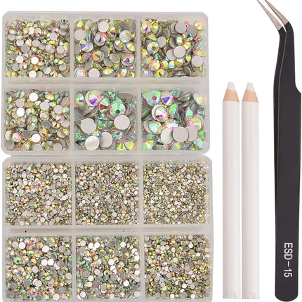 8000-Piece Crystal AB Mix Flatback Glass Rhinestones Set, SS3-SS30
