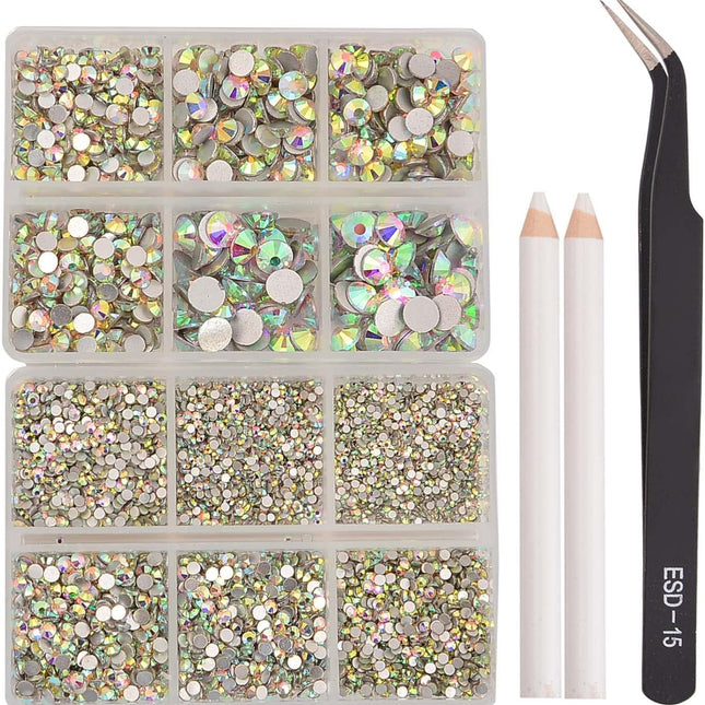 8000-Piece Crystal AB Mix Flatback Glass Rhinestones Set, SS3-SS30