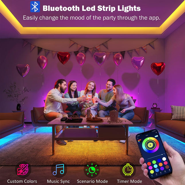 100 ft RGB LED Strip Lights with Music Sync, Remote and Bluetooth App Control