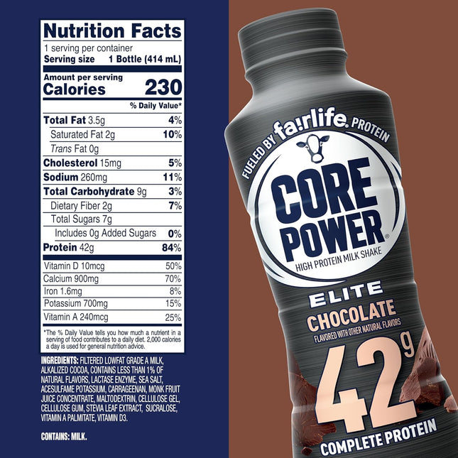 Elite High Protein Chocolate Shake, 42g Protein, 14 oz Bottles, 12 Pack