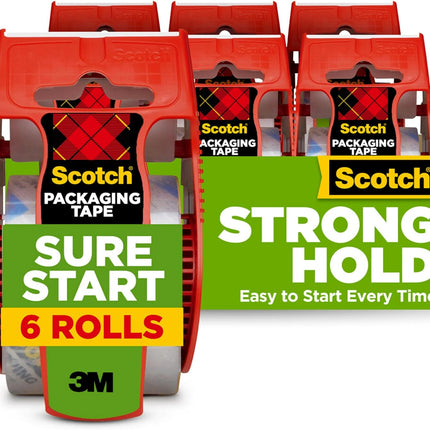 Sure Start Clear Packing Tape, Quiet Unwind, 1.88 in. x 22.2 yd., 6 Rolls with Dispensers