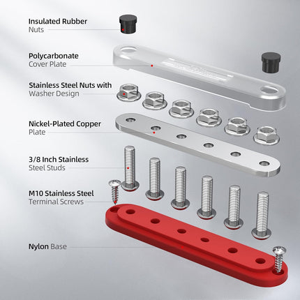 300A 12V Bus Bar with Cover and Copper Lugs
