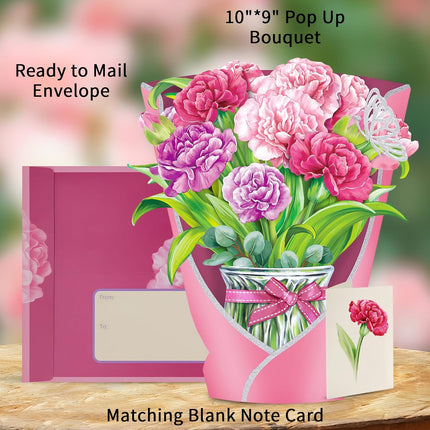 Pop Up Flower Card with 3D Paper Bouquet, Note Card & Envelope