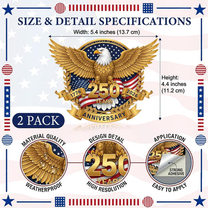 250th Anniversary USA Patriotic Eagle Vinyl Decal Stickers, 2-Pack