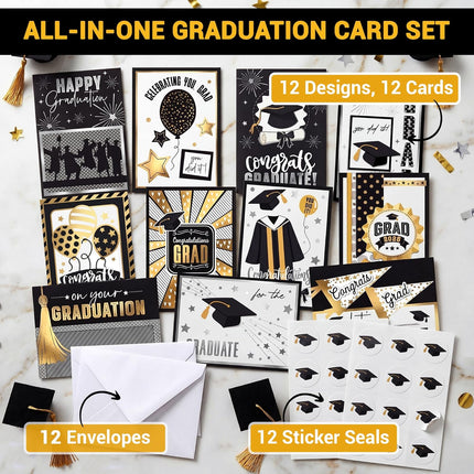 Gold Foil Graduation Cards 2026 - 5x7 12 Pack with Envelopes & Stickers