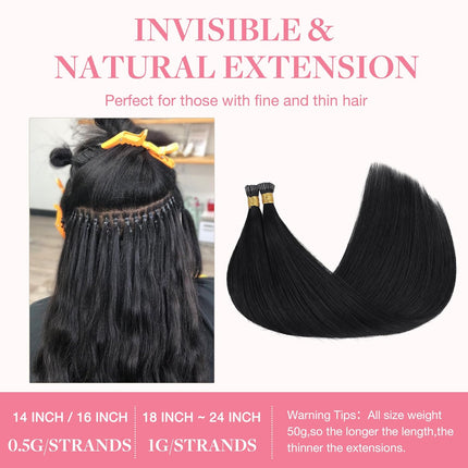 I Tip Real Human Hair Extensions, 24 Inch 50g 50S, Jet Black