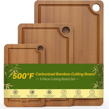 Bamboo Cutting Board for Kitchen, 3-Piece Set with Juice Grooves, Side Handles & Non-Slip Mats