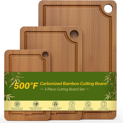 Bamboo Cutting Board for Kitchen, 3-Piece Set with Juice Grooves, Side Handles & Non-Slip Mats