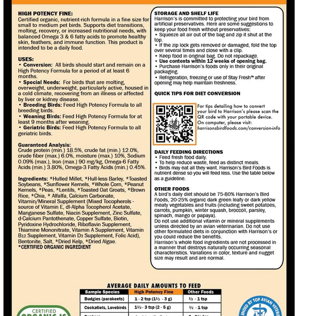 High Potency Fine Organic Bird Food Pellets for Small to Medium Birds, 1 lb