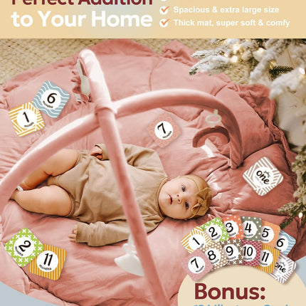 5-in-1 Thick Plush Baby Play Gym Mat with 6 Sensory Toys, Pink