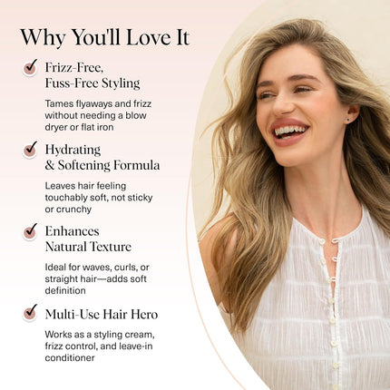 Smoothing Air Dry Hair Cream – Frizz Control Styling Cream with Castor Oil & Coconut Oil, 5 oz