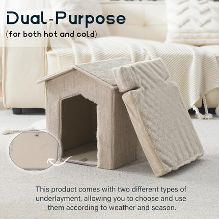 Beige Foldable Cat Cave Bed with Orthopedic Cushion
