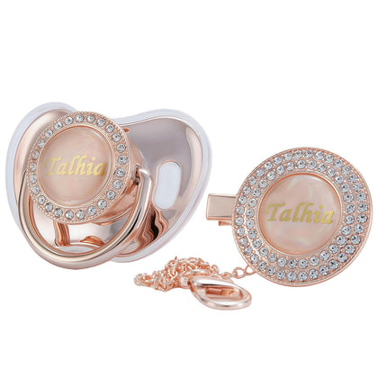 Custom Any Name Personalized Bling Pacifier and Pacifier Clip Set - Rose Gold