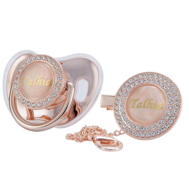 Custom Any Name Personalized Bling Pacifier and Pacifier Clip Set - Rose Gold