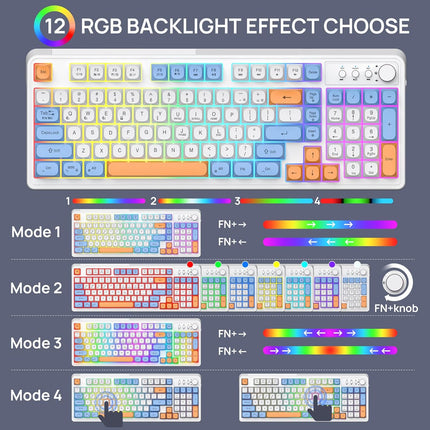 CK98 Wireless Rechargeable Backlit Keyboard and Mouse Combo, RGB White Keyboard with 98 Keys, Dual Color Mouse with 3200DPI for PC Mac Gamers (White/Pink)