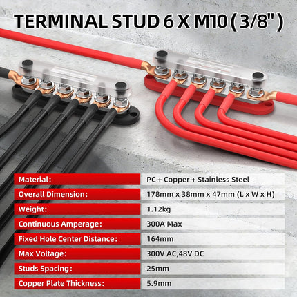 300A 12V Bus Bar with Cover and Copper Lugs
