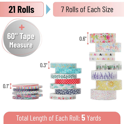 Floral Washi Tape Set, 21 Rolls, Assorted Sizes