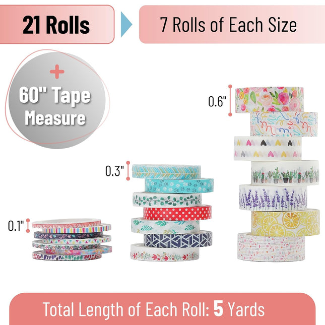 Floral Washi Tape Set, 21 Rolls, Assorted Sizes