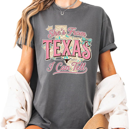 SourceToHome FuenteACasa She's from Texas I Can Tell Graphic Tee, Western Cowgirl Style T-Shirt — Home & Lifestyle