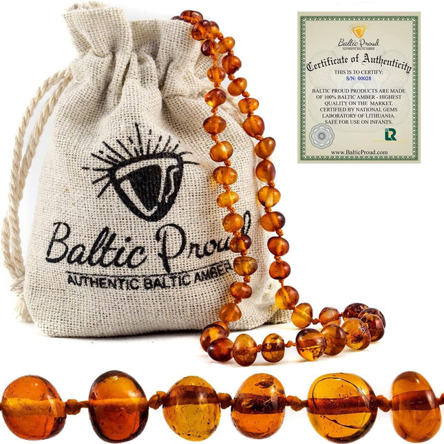 Cognac Polished Baltic Amber Necklace, Unisex 12.5 Inches