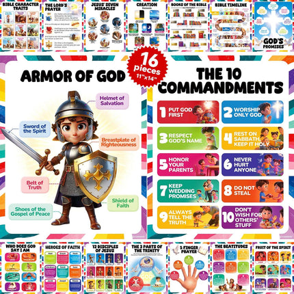 16-Piece Kids Bible Poster Set, 11 x 14 in Laminated Classroom Wall Art