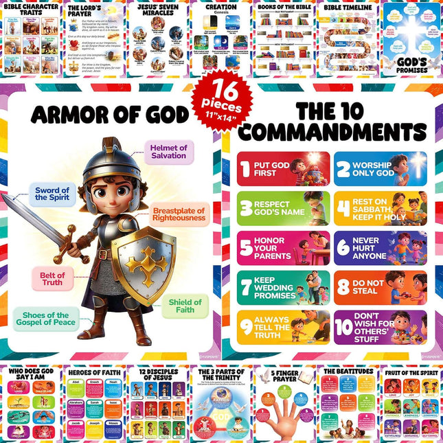 16-Piece Kids Bible Poster Set, 11 x 14 in Laminated Classroom Wall Art