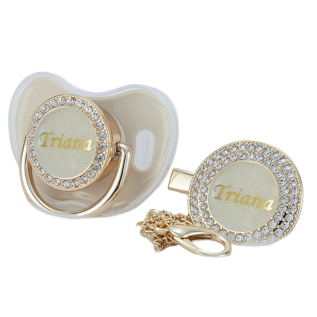 Custom Any Name Personalized Bling Pacifier and Pacifier Clip Set - Khaki