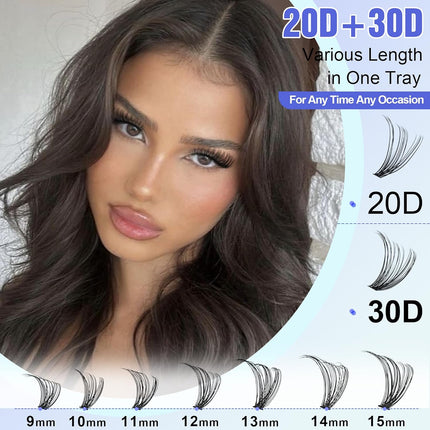 Pawotence Lash Extension Kit DIY 280pcs Individual Lash Clusters Kit 20D&30D Natural 9-15mm Cluster Eyelash Extensions Kit with Lash Bond and Seal, Tweezers for Self Use (20D&30D, 0.07D, 9-15mm, Kit)