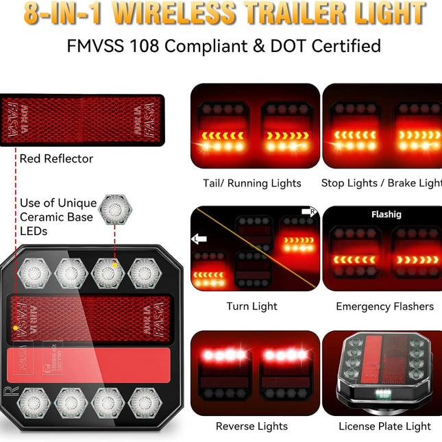 Magnetic Wireless Trailer Lights, 2.4GHz Rechargeable LED Tow Light Kit