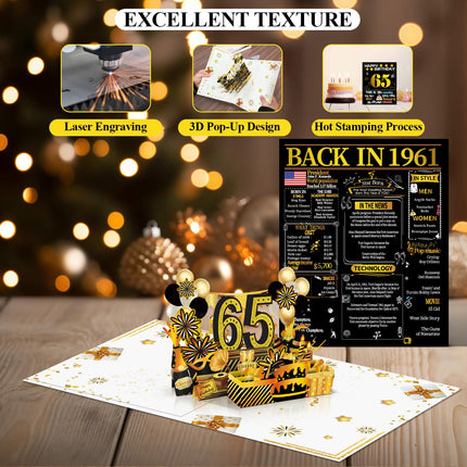 65th Birthday 3D Pop Up Card with Gold Retro 1961 Theme