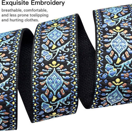 Vintage Embroidered Cotton Guitar Strap with Cowhide Leather Ends - Blue