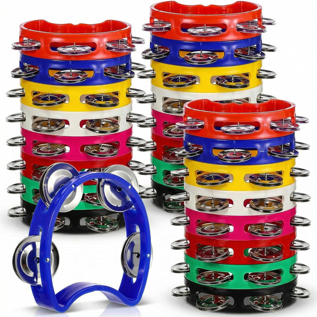 24-Piece Mini Plastic Percussion Tambourines with 4 Bells, 8 Colors