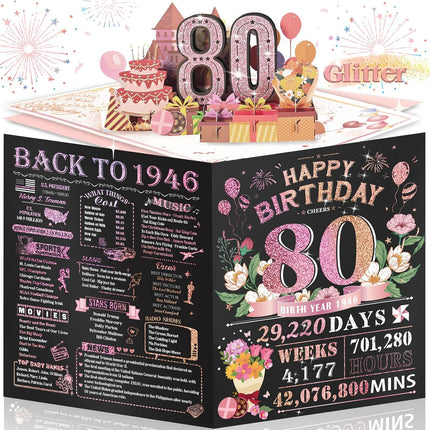 80th Birthday Card for Women, Large 3D Pop Up, Happy 80 Year Old Birthday Decorations, Back to 1946, Pink