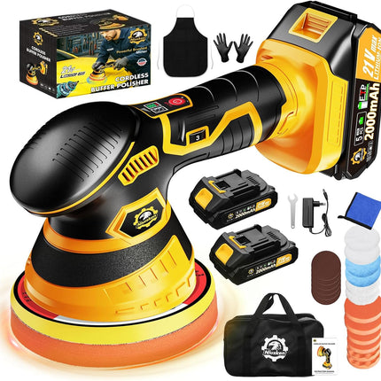 Cordless Car Buffer Polisher Kit, 21V with 2 Batteries, 18 Attachments, Yellow