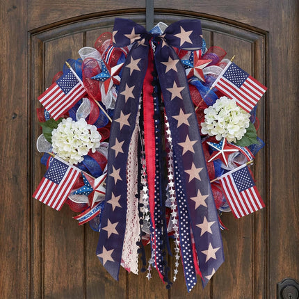 Large Patriotic Front Door Wreath Sash with 8-Ribbon Americana Star Bow