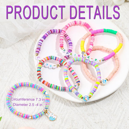 7Pcs Easter Bunny Basket Gifts Bracelet, Easter Gifts for Girls Women Stackable Boho Clay Party Elastic Stretch Bracelets