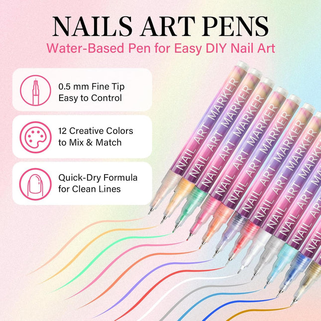 12 Colors Nail Art Pens Set with 0.5mm Fine Tips