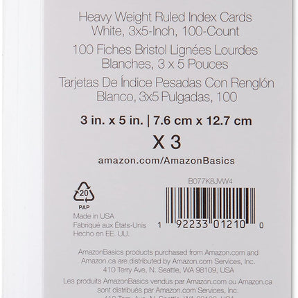 Heavy Weight Ruled Index Cards, White, 3 x 5 Inch, 300 Count Pack of 3