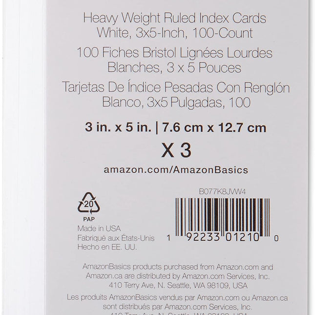 Heavy Weight Ruled Index Cards, White, 3 x 5 Inch, 300 Count Pack of 3