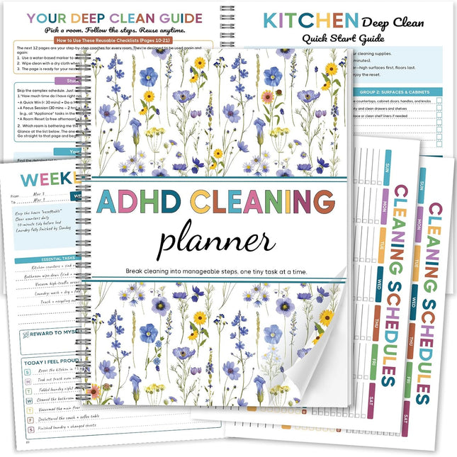 ADHD Cleaning Planner - Floral Undated Cleaning Journal & Schedule Checklist for Adults Women