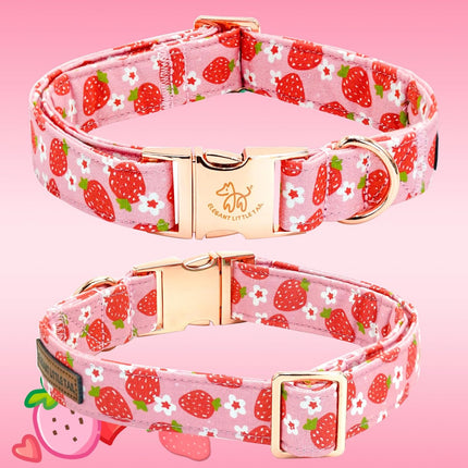 Elegant Little Tail Spring Flower Strawberry Print Adjustable Cotton Dog Collar for Small Dogs