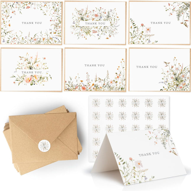 52-Pack Floral Thank You Cards with Kraft Envelopes and Stickers