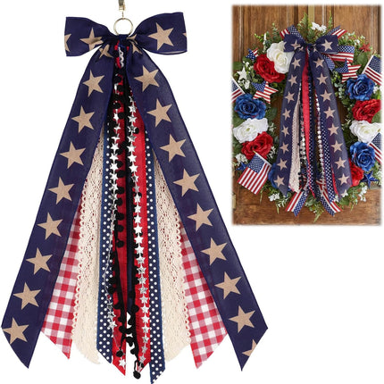 Large Patriotic Front Door Wreath Sash with 8-Ribbon Americana Star Bow