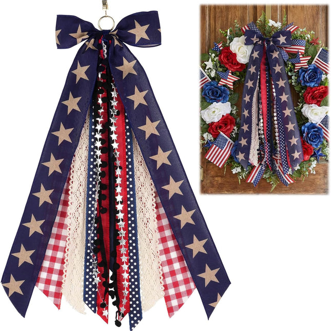 Large Patriotic Front Door Wreath Sash with 8-Ribbon Americana Star Bow