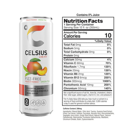Fizz Free Peach Mango Green Tea Sugar Free Energy Drink, 12 Fl Oz, Pack of 12