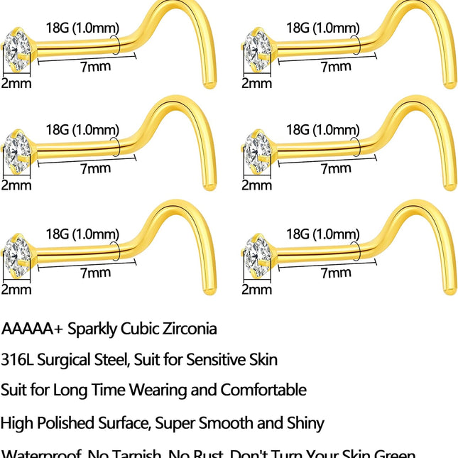 6Pcs Nose Rings Studs Corkscrew 18 Gauge Nose Piercing Jewelry 18G Screw Nose Rings 2mm 2.5mm 3mm CZ Gold Silver Black