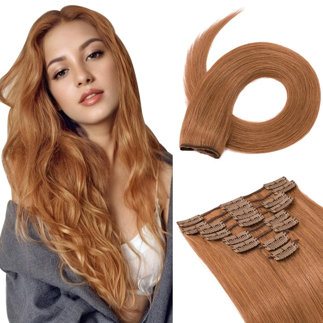 20-Inch Light Auburn Clip-In Remy Human Hair Extensions, 8-Piece Full Head Set