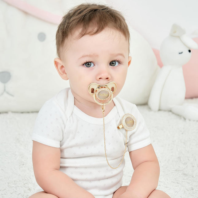 Custom Any Name Personalized Bling Pacifier and Pacifier Clip Set - Khaki